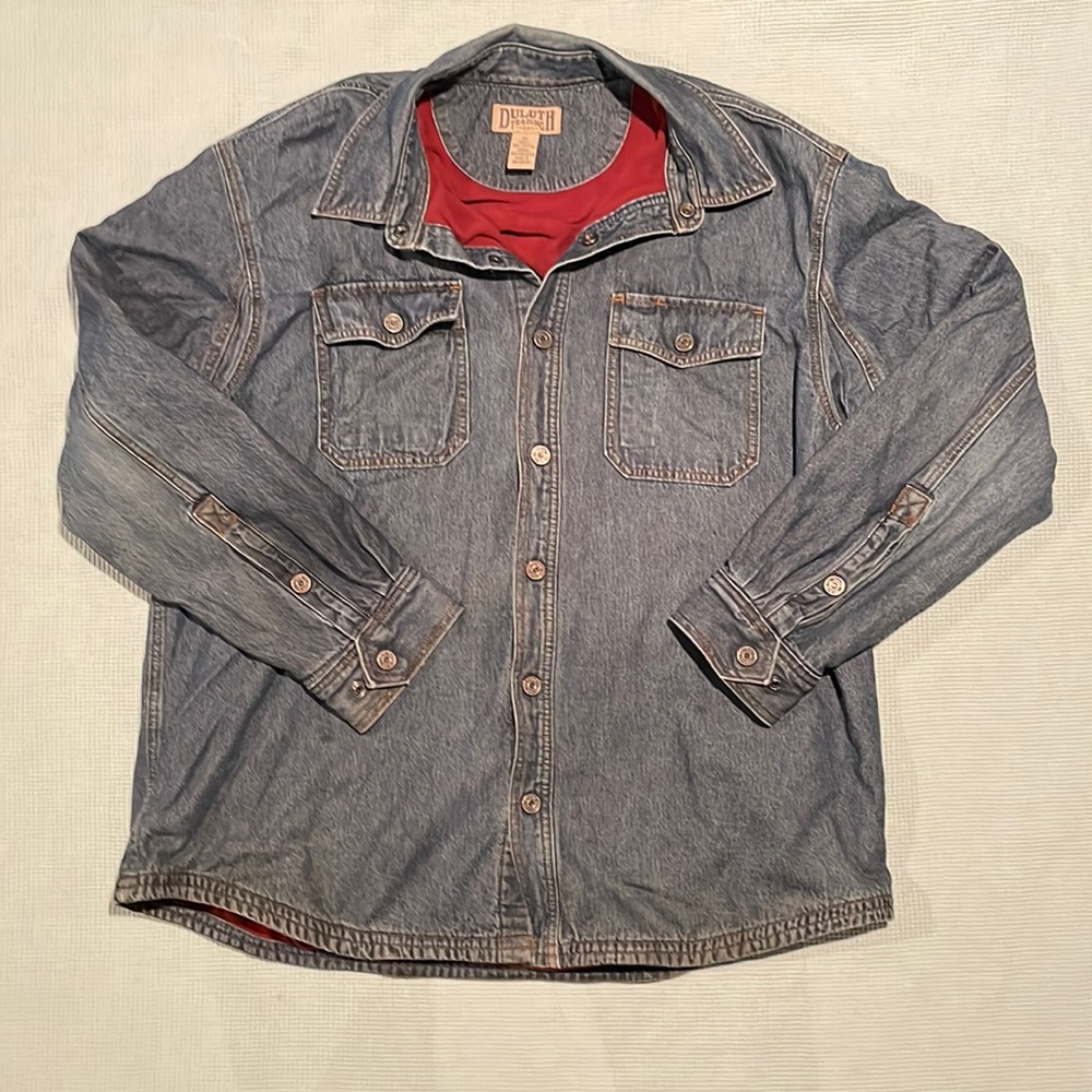 Duluth Trading Co Shacket Denim Jacket Fleece Lining Snap Closure